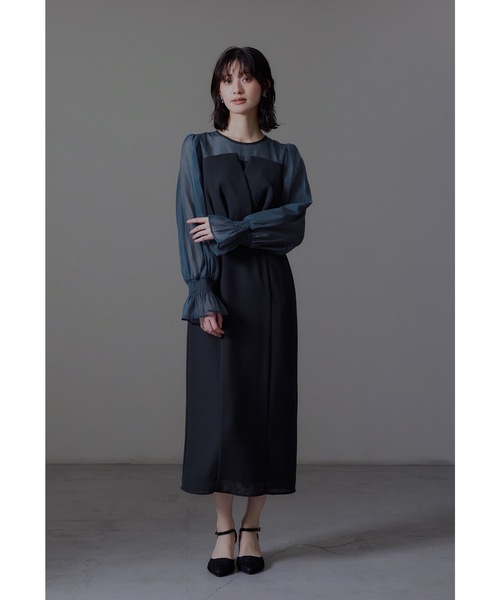 ビスチェ風ボリュームスリーブシフォンドレス 結婚式 同窓会 お呼ばれ