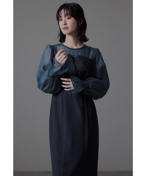 ビスチェ風ボリュームスリーブシフォンドレス 結婚式 同窓会 お呼ばれ