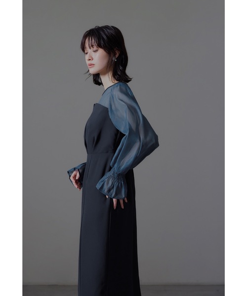 ビスチェ風ボリュームスリーブシフォンドレス 結婚式 同窓会 お呼ばれ