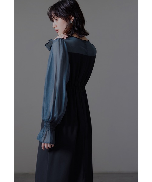 ビスチェ風ボリュームスリーブシフォンドレス 結婚式 同窓会 お呼ばれ