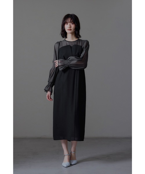 nianaニアナ　ブラック　ビスチェ風ボリュームスリーブシフォンドレス　Iライン ビスチェ風ボリュームスリーブシフォンドレス 結婚式 同窓会 お呼ばれ