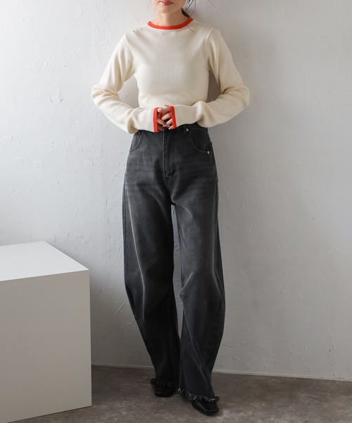 Bonjour Sagan（ボンジュールサガン）の「配色デザインリブニット（ニット/セーター・レディース・ブラック/アイボリー/グレー/ダークグレー/ブラウン・FREE）」の7枚目の写真