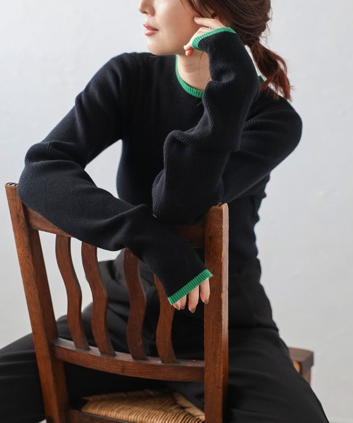 Bonjour Sagan（ボンジュールサガン）の「配色デザインリブニット（ニット/セーター・レディース・ブラック/アイボリー/グレー/ダークグレー/ブラウン・FREE）」の16枚目の写真