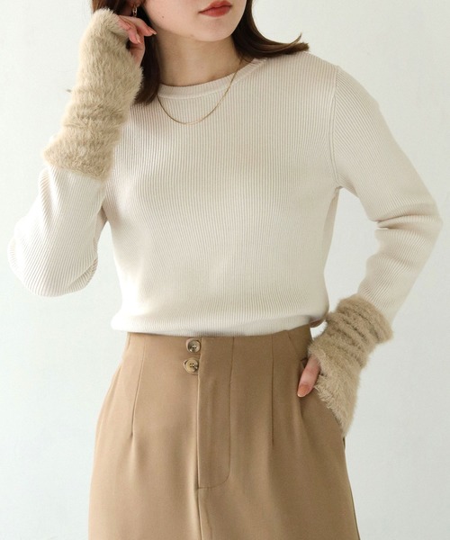 HER CLOSET(ハークローゼット)の「【vingtrois】袖シャギー切替リブニット(ニット/セーター・レディース・モカ/アイボリー/ブラック/チャコールグレー/カーキ・M)」の8枚目の写真