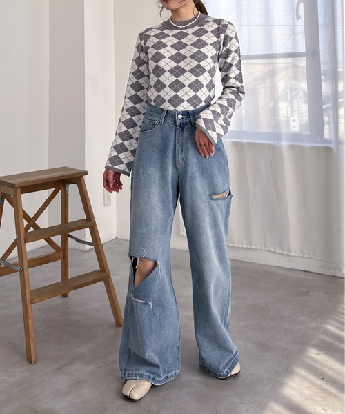 EPIMI E'PIMMY（エピミエピミー）の「チェックジャガードフレアスリーブニット（ニット/セーター・レディース・ブラック/ホワイト/オフホワイト/グレー・MEDIUM）」の8枚目の写真