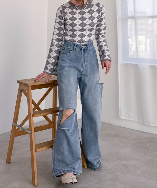 EPIMI E'PIMMY（エピミエピミー）の「チェックジャガードフレアスリーブニット（ニット/セーター・レディース・ブラック/ホワイト/オフホワイト/グレー・MEDIUM）」の9枚目の写真