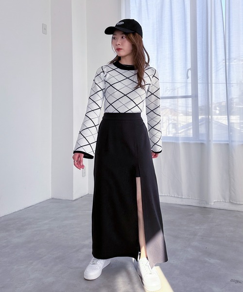 EPIMI E'PIMMY（エピミエピミー）の「チェックジャガードフレアスリーブニット（ニット/セーター・レディース・ブラック/ホワイト/オフホワイト/グレー・MEDIUM）」の16枚目の写真