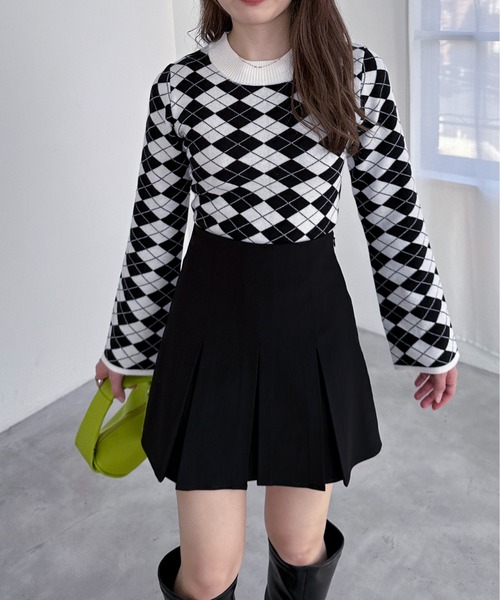 EPIMI E'PIMMY（エピミエピミー）の「チェックジャガードフレアスリーブニット（ニット/セーター・レディース・ブラック/ホワイト/オフホワイト/グレー・MEDIUM）」の7枚目の写真