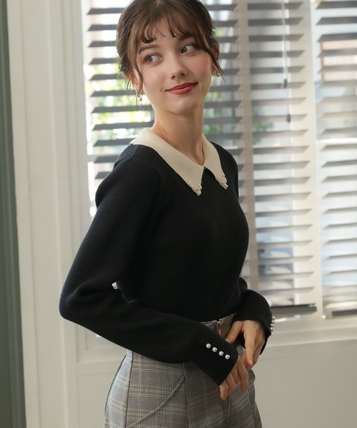 ASTORIA ODIER(アストリアオディール)の「ビジュー付配色衿ニット(ニット/セーター・レディース・ブラック/アイボリー/ピンクベージュ・MEDIUM)」の12枚目の写真