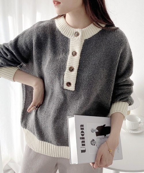 nissen（ニッセン）の「前後２ＷＡＹ　配色ミックスカラーニット（ニット/セーター・レディース・グレー系/イエロー系/ブラウン系・FREE）」の2枚目の写真