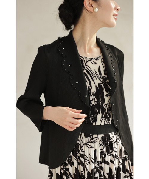 黒）アコーディオンプリーツカーディガンと花柄ワンピースの2点セット