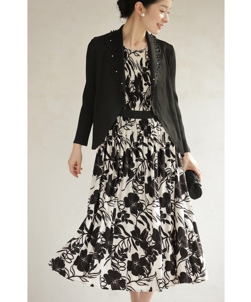 黒）アコーディオンプリーツカーディガンと花柄ワンピースの2点セット