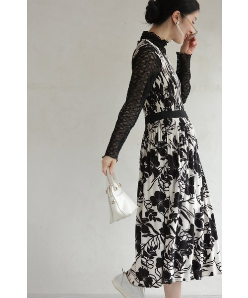 プリーツプリーズ　カーディガン　ワンピース2点セット 黒）アコーディオンプリーツカーディガンと花柄ワンピースの2点セット