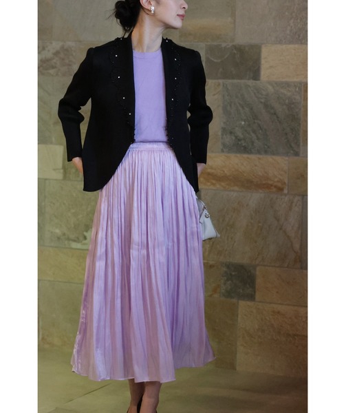 黒）アコーディオンプリーツカーディガンと花柄ワンピースの2点セット