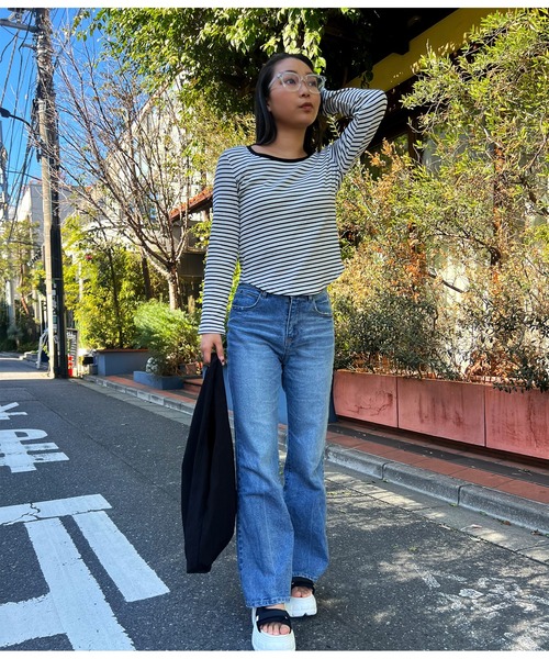 anap mimpi（アナップミンピ）の「ボーダー Uネック 長袖 ラウンドヘム カットソー（Tシャツ/カットソー・レディース・ブラック/ホワイト・FREE）」の21枚目の写真