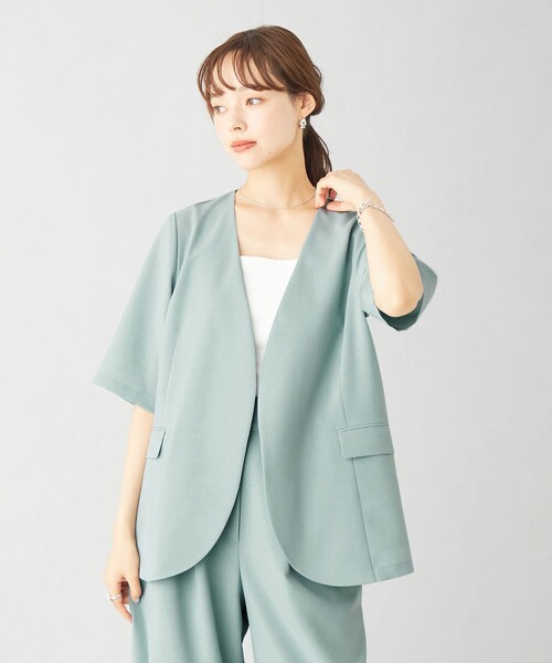 EMMEL REFINES（エメルリファインズ）の「＜EMMEL REFINES＞EM ノーカラー カーブ シャツジャケット（ノーカラージャケット・レディース・ライトブルー/ライトグレー・FREE）」の3枚目の写真