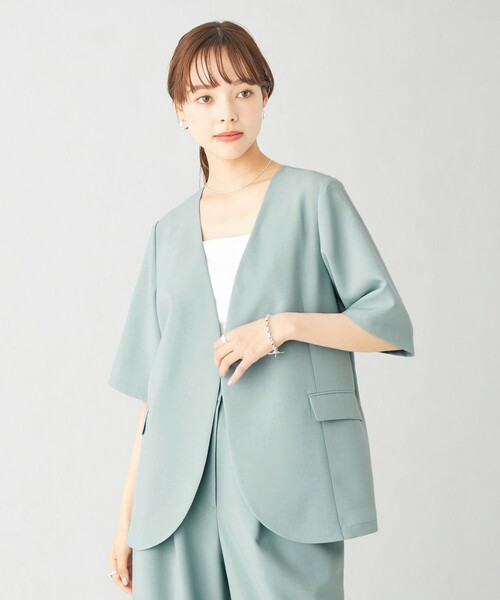 EMMEL REFINES（エメルリファインズ）の「＜EMMEL REFINES＞EM ノーカラー カーブ シャツジャケット（ノーカラージャケット・レディース・ライトブルー/ライトグレー・FREE）」の4枚目の写真