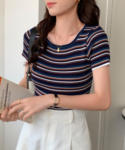 SHEPP(シープ)の「マルチボーダー リブ半袖T(Tシャツ/カットソー・レディース・その他1/その他2/その他3・F)」の2枚目の写真