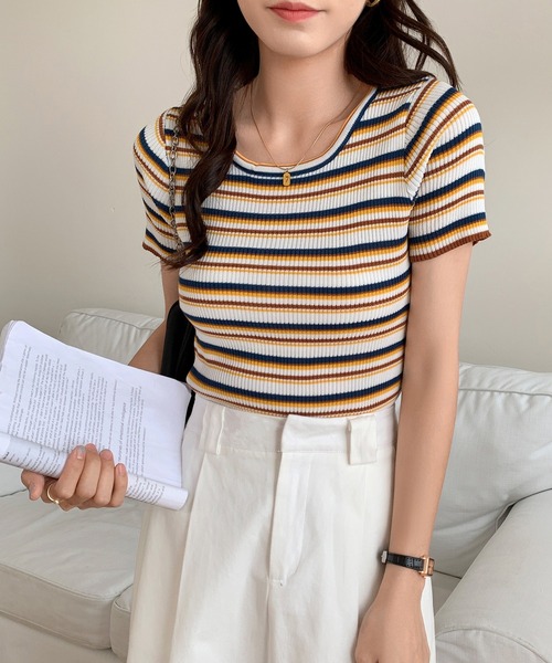 SHEPP(シープ)の「マルチボーダー リブ半袖T(Tシャツ/カットソー・レディース・その他1/その他2/その他3・F)」の3枚目の写真