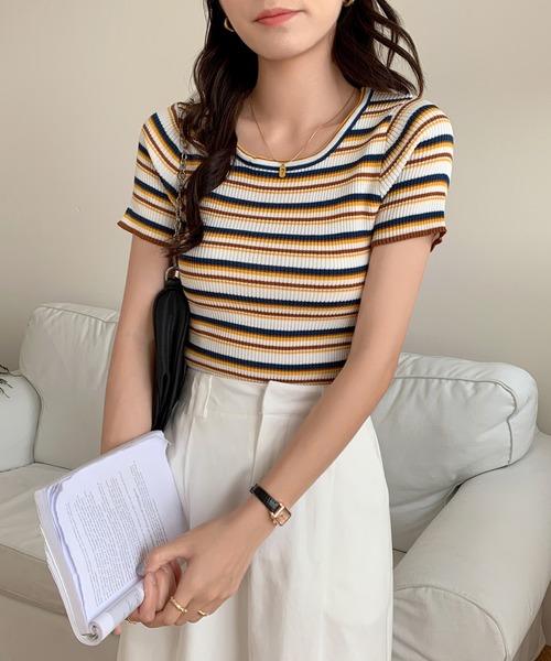 SHEPP(シープ)の「マルチボーダー リブ半袖T(Tシャツ/カットソー・レディース・その他1/その他2/その他3・F)」の4枚目の写真