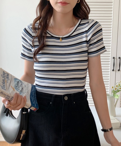 SHEPP(シープ)の「マルチボーダー リブ半袖T(Tシャツ/カットソー・レディース・その他1/その他2/その他3・F)」の5枚目の写真