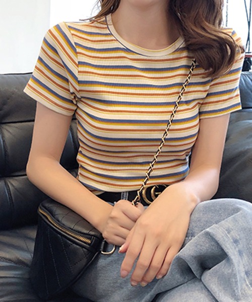 SHEPP(シープ)の「マルチボーダー リブ半袖T(Tシャツ/カットソー・レディース・その他1/その他2/その他3・F)」の9枚目の写真