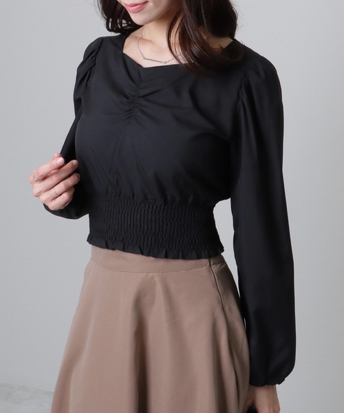 Lace Ladies(レースレディース)の「ハートネック フロントギャザー シャーリング コンパクト ブラウス(シャツ/ブラウス・レディース・ブルー/ブラック・S/XL/M)」の3枚目の写真