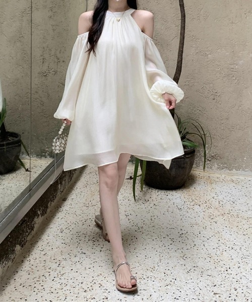 an リボン オフショルダー シフォンドレス MAISON DE THERESE ワンピース オフショルダー バック紐リボン