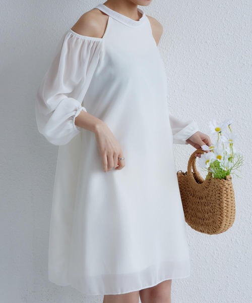 セール】オフショルダー バック紐リボン シフォンワンピース