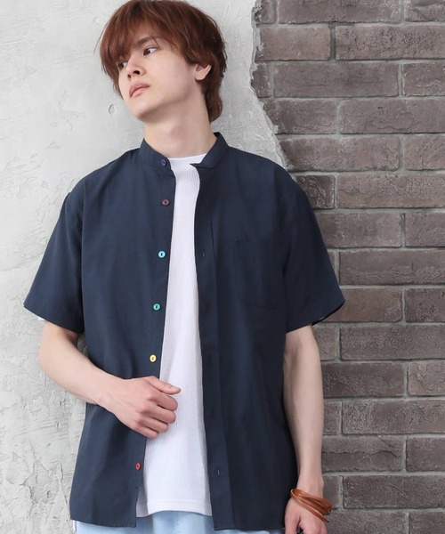 ARCADE（アーケード）の「半袖 バンドカラー オックスフォードシャツ/選べるマルチ釦&ノーマル釦（シャツ/ブラウス・メンズ・グレー/グレー系/ネイビー系/ホワイト系/サックスブルー/ネイビー/ホワイト/サックスブルー系・M/L/XL）」の7枚目の写真