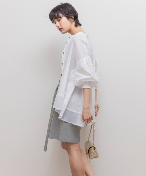 Eimee law エイミーロウ リネンバンドカラーシアーブラウス シャツ ステッチ配色フリルカラーシアーブラウス Eimee Law│Eimee Law