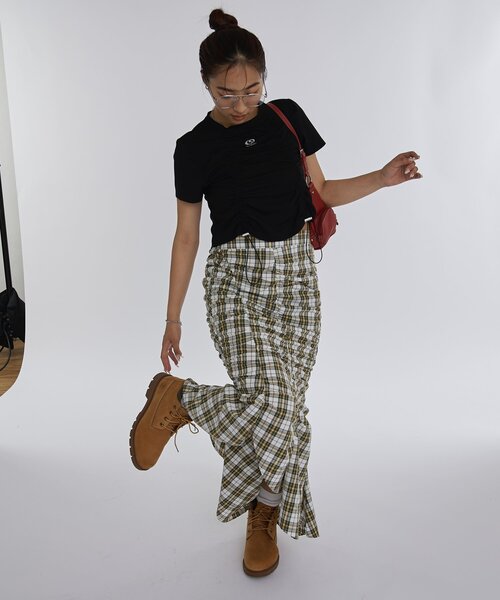 WHO'S WHO gallery（フーズフーギャラリー）の「ギャザーデザインチェックスカート（スカート・レディース・オフホワイト/ブルー/グリーン系その他2・FREE）」の6枚目の写真