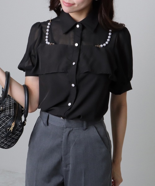 Nileperch 半袖ブラウス セール】パールライン フロント フリル 半袖 ブラウス（シャツ