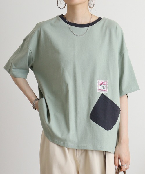 Quelle Chance(ケルシャンス)の「Quelle chance 配色ポケットプルオーバー(Tシャツ/カットソー・レディース・ライトグリーン/オフホワイト/チャコールグレー・M)」の3枚目の写真