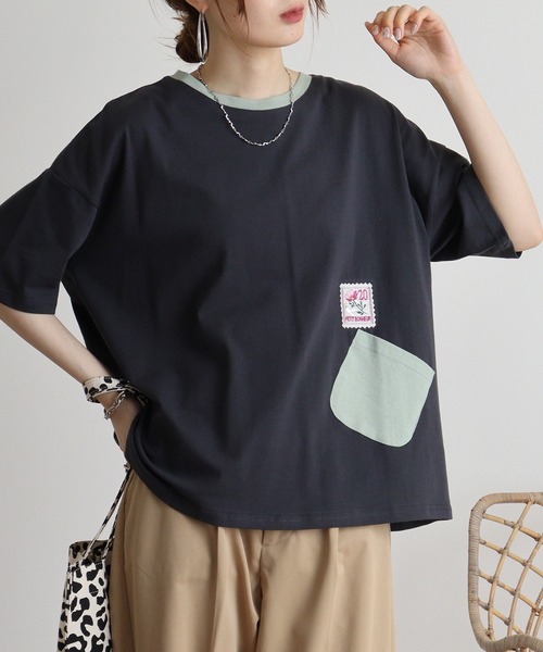 Quelle Chance(ケルシャンス)の「Quelle chance 配色ポケットプルオーバー(Tシャツ/カットソー・レディース・ライトグリーン/オフホワイト/チャコールグレー・M)」の5枚目の写真