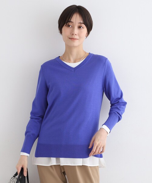 INDIVI 長袖ニット 定価14960円 未使用 グレーホワイト15号 INDIVI ニット セーター 「カシミヤ混」Vネックコクーン