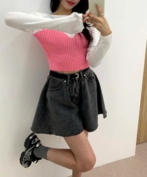切りっぱなしフレアデニムショートパンツ/デニムスカパン