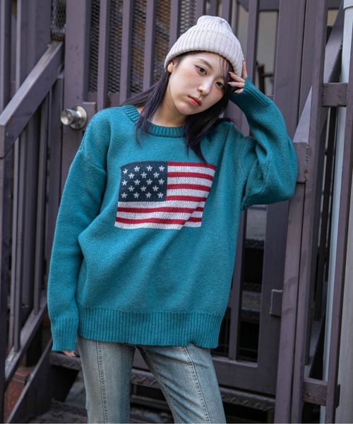 セール】《USAフラッグ×オーバーシルエット》レディース ニット