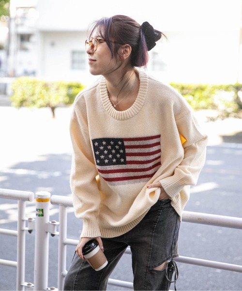 セール】《USAフラッグ×オーバーシルエット》レディース ニット