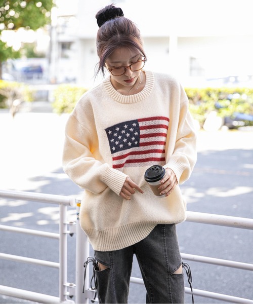 GORGE（ゴージ）の「《USAフラッグ×オーバーシルエット》レディース ニット セーター 主役級 春秋冬（ニット/セーター・レディース・オフホワイト/グレー/ネイビー/グリーン/ボルドー・F）」の10枚目の写真