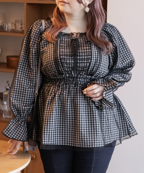 CLETTE(クレット)の「チュール重ねチェック柄ブラウス(シャツ/ブラウス・レディース・ブラック/グレー・LL/3L/4L)」の3枚目の写真