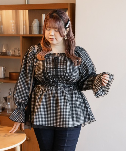 CLETTE(クレット)の「チュール重ねチェック柄ブラウス(シャツ/ブラウス・レディース・ブラック/グレー・LL/3L/4L)」の4枚目の写真