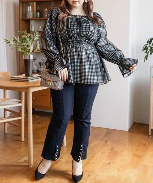 CLETTE(クレット)の「チュール重ねチェック柄ブラウス(シャツ/ブラウス・レディース・ブラック/グレー・LL/3L/4L)」の7枚目の写真