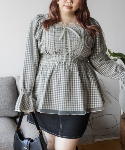 CLETTE(クレット)の「チュール重ねチェック柄ブラウス(シャツ/ブラウス・レディース・ブラック/グレー・LL/3L/4L)」の10枚目の写真