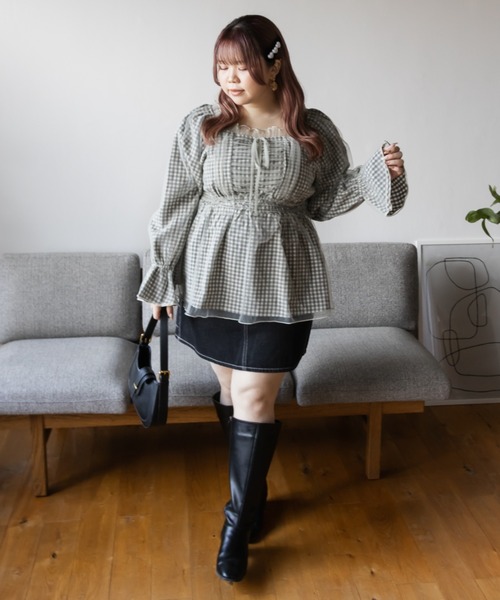 CLETTE(クレット)の「チュール重ねチェック柄ブラウス(シャツ/ブラウス・レディース・ブラック/グレー・LL/3L/4L)」の11枚目の写真