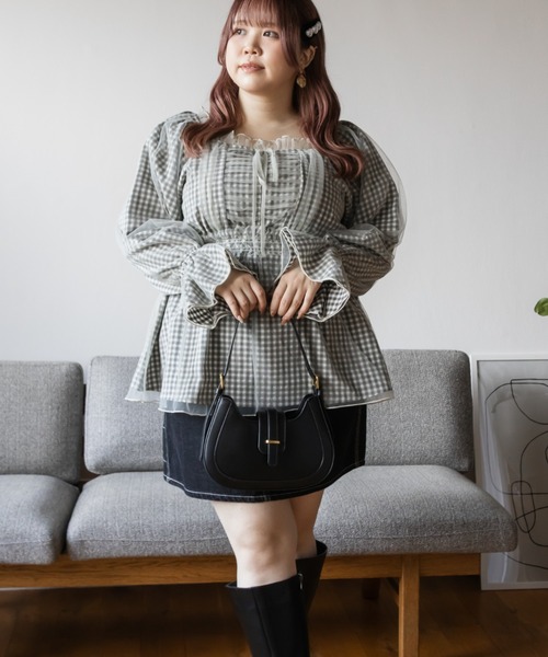 CLETTE(クレット)の「チュール重ねチェック柄ブラウス(シャツ/ブラウス・レディース・ブラック/グレー・LL/3L/4L)」の12枚目の写真