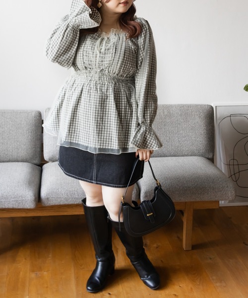 CLETTE(クレット)の「チュール重ねチェック柄ブラウス(シャツ/ブラウス・レディース・ブラック/グレー・LL/3L/4L)」の14枚目の写真