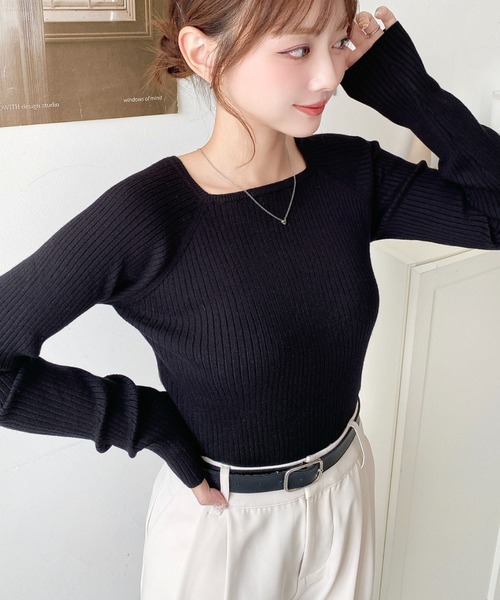 f245【ルーミーズ】リブニットセーター　ブラック　コットン混　着回し　シンプル セール】 【洗える】SOFT TOUCH WOOL リブ切り替え ニット
