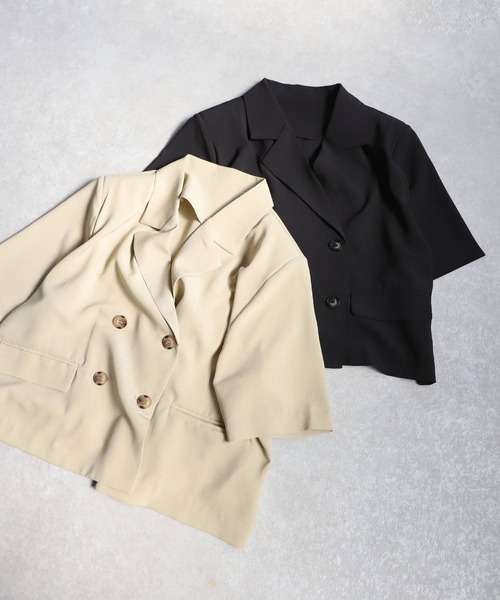 antiqua(アンティカ)の「ショートスリーブジャケット(テーラードジャケット・レディース・ベージュ/ブラック・P/R)」の13枚目の写真