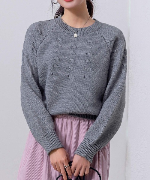 レディース 長袖まろやかケーブル編みハイゲージリブニットプル
